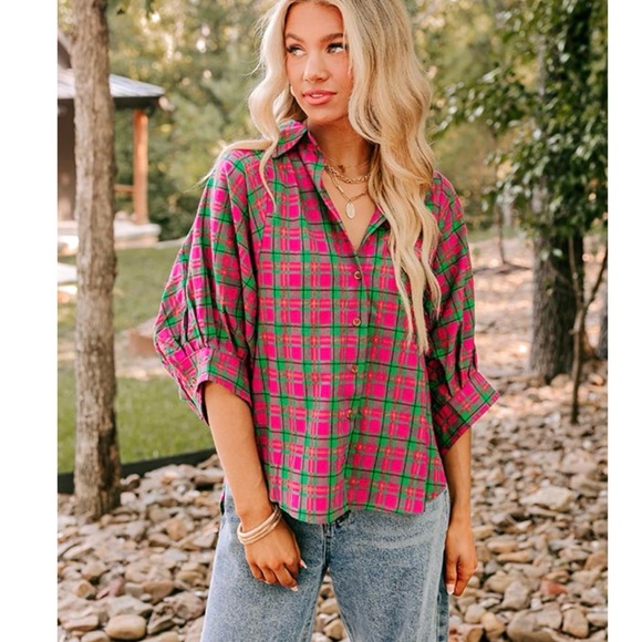 entro Tops - Entro Vibrant Puff Sleeve Hot Pink & Green Oversized Plaid Cotton Top